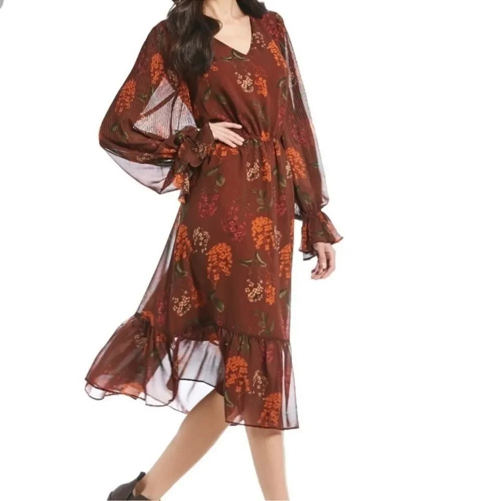 Gibson * Latimer Floral Brown Long Sleeve Midi Boho Dress size Small